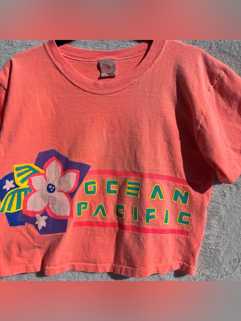 VINTAGE OCEAN PACIFIC Shirt Crop Top Single Stitch USA Made Neon California Surf